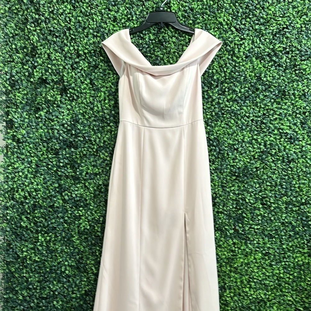 Dessy Collection Off Shoulder Crepe Bridesmaid Dress in size 0 color blush. - Picture 13 of 14